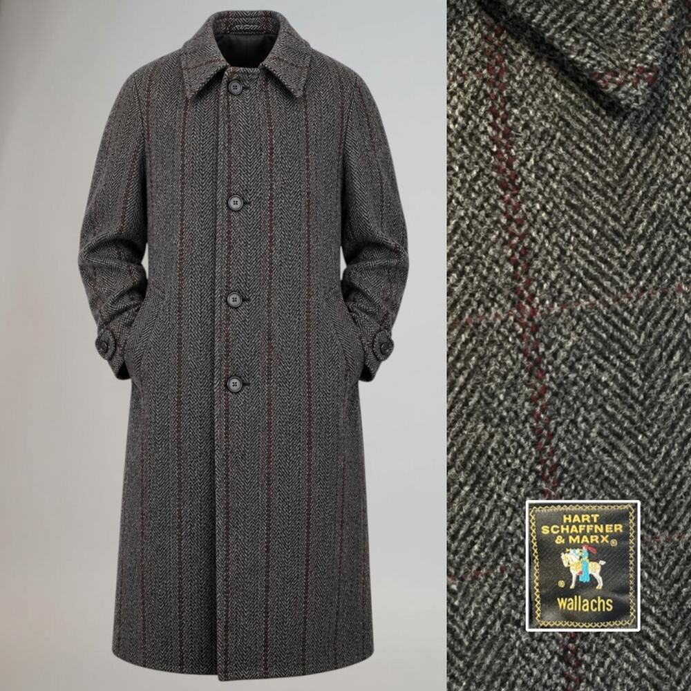 Hart Schaffner Marx Herringbone Tweed 44-46L Gray Long Overcoat Top Coat